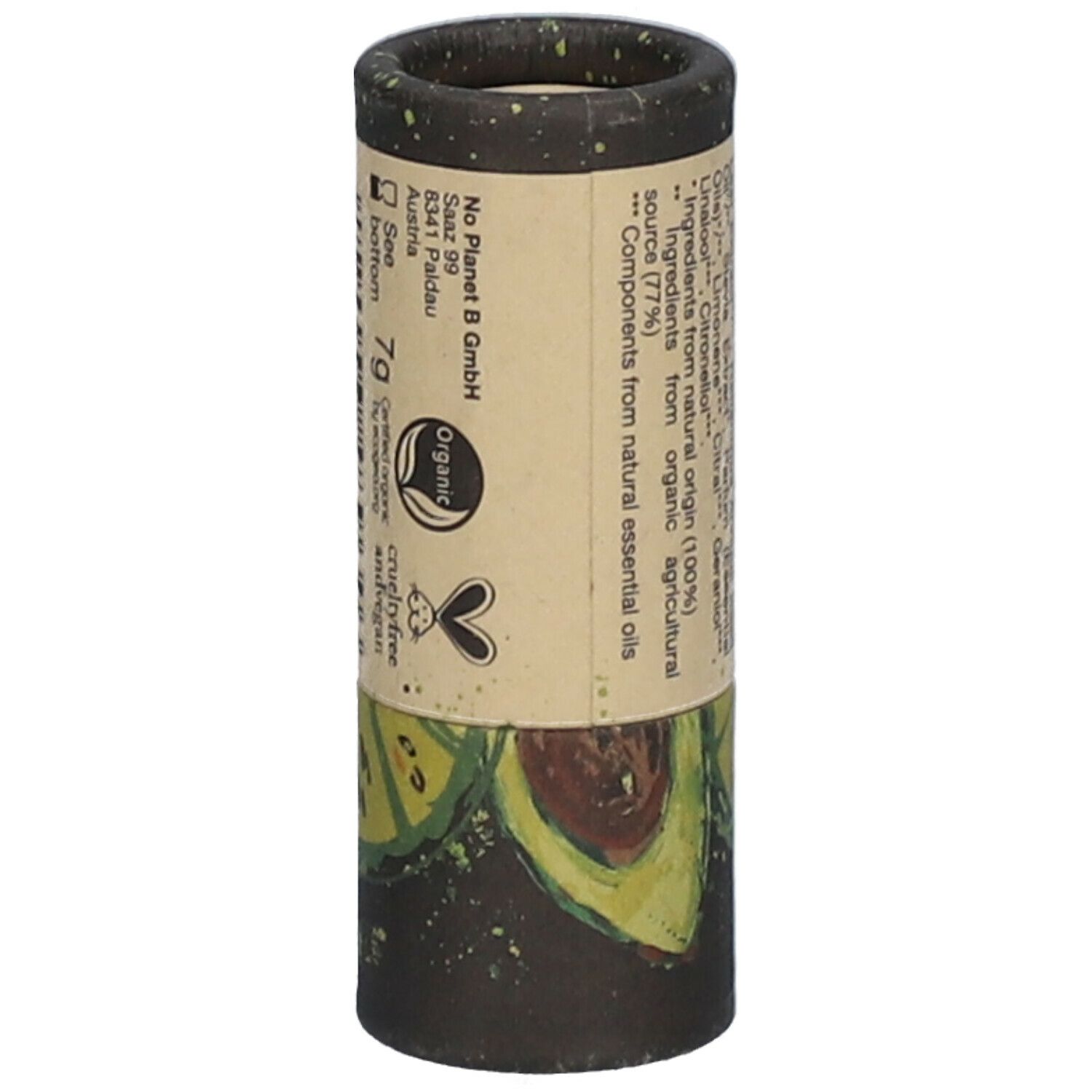 Lippenbalsam-Tube mit Angaben zu Hersteller und Inhaltsstoffen. Aufschrift: 7g, Organic, Crueltyfree and vegan.