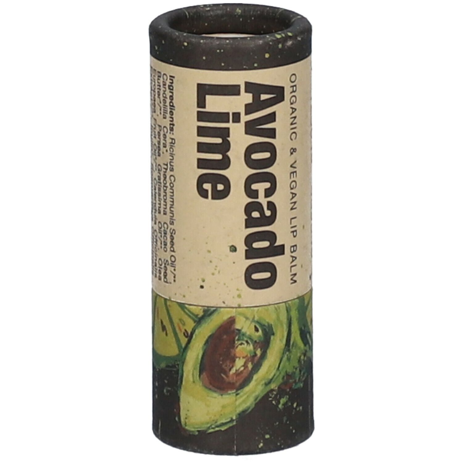 Lippenbalsam-Tube mit Avocado- und Limetten-Design. Aufschrift: Avocado Lime. Vegan und Bio.