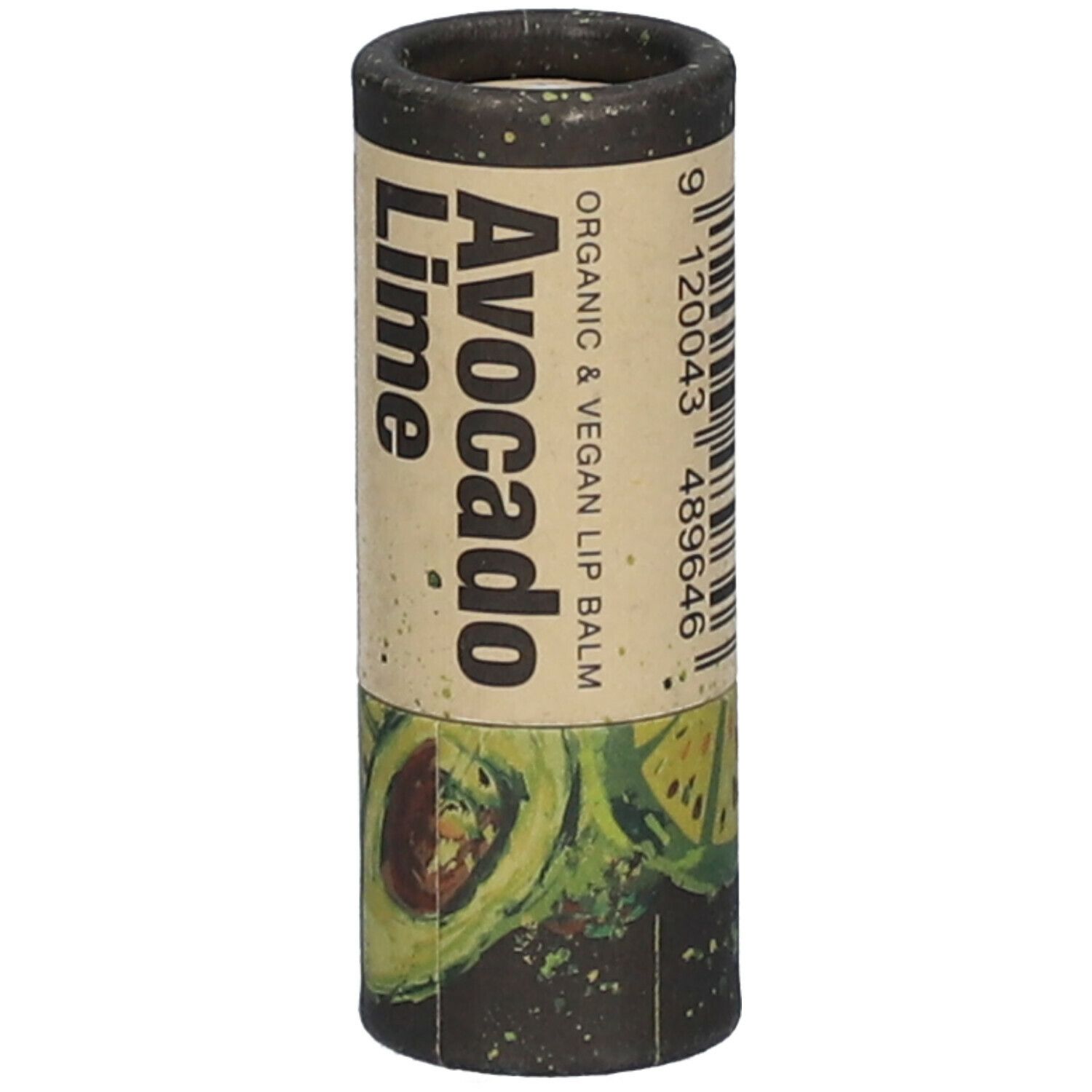 Lippenbalsam-Tube mit Avocado- und Limetten-Design. Aufschrift: Avocado Lime. Vegan und Bio. Mit Barcode.
