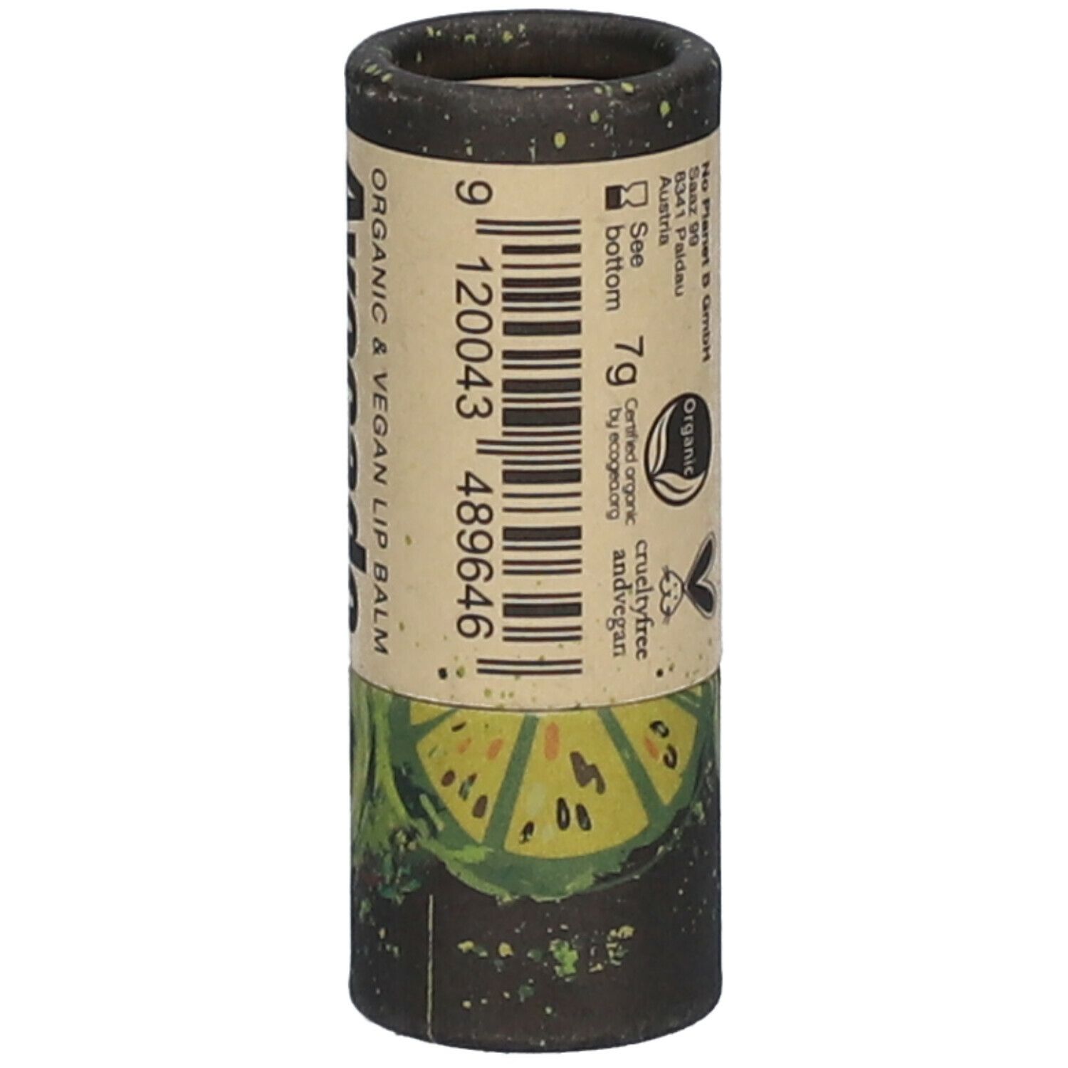 Lippenbalsam-Tube mit Barcode und Angaben. Aufschrift: 7g, Organic, Crueltyfree and vegan. Limetten-Design.