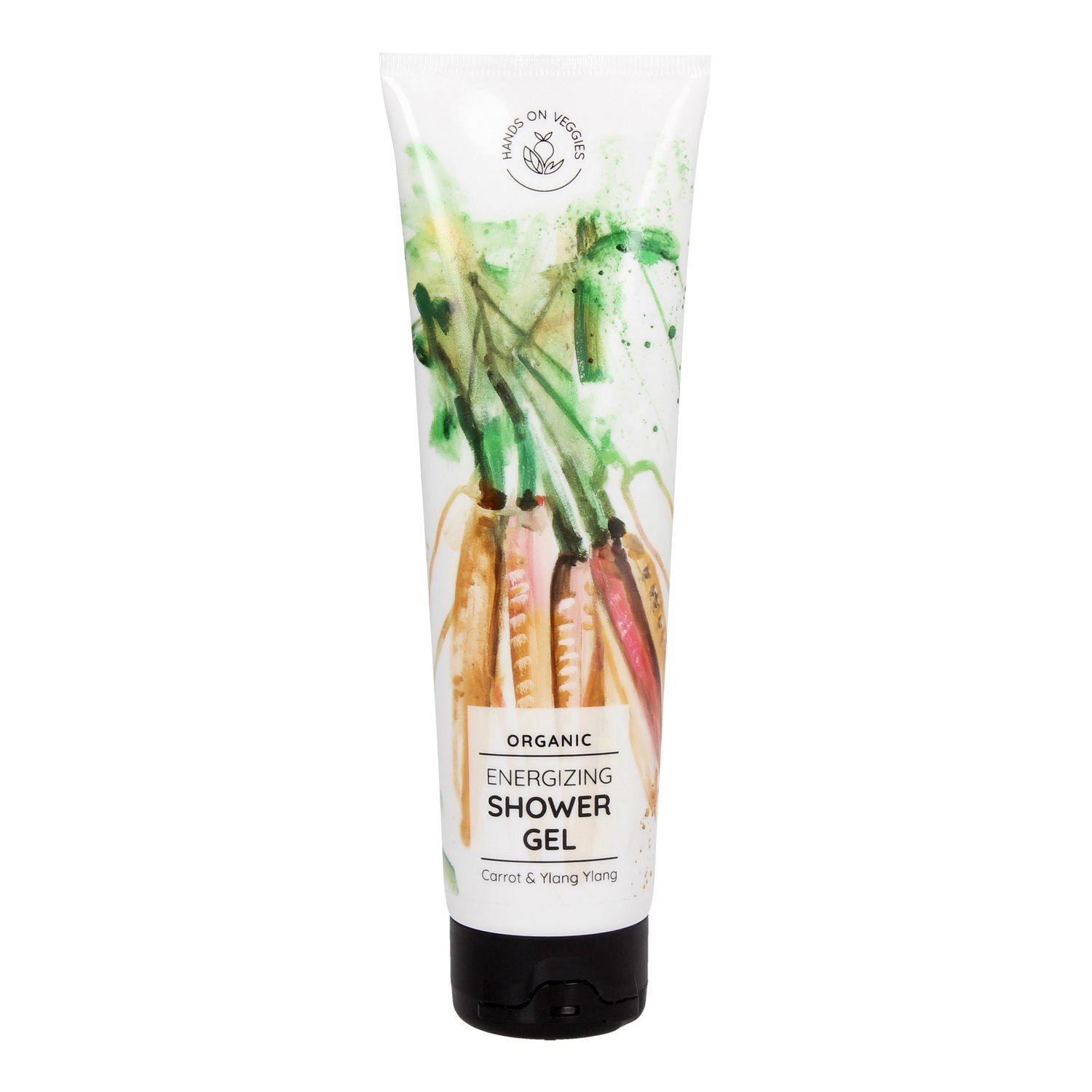Weißer Tube mit Karotten-Illustration. Text: Organic Energizing Shower Gel, Karotte & Ylang Ylang.