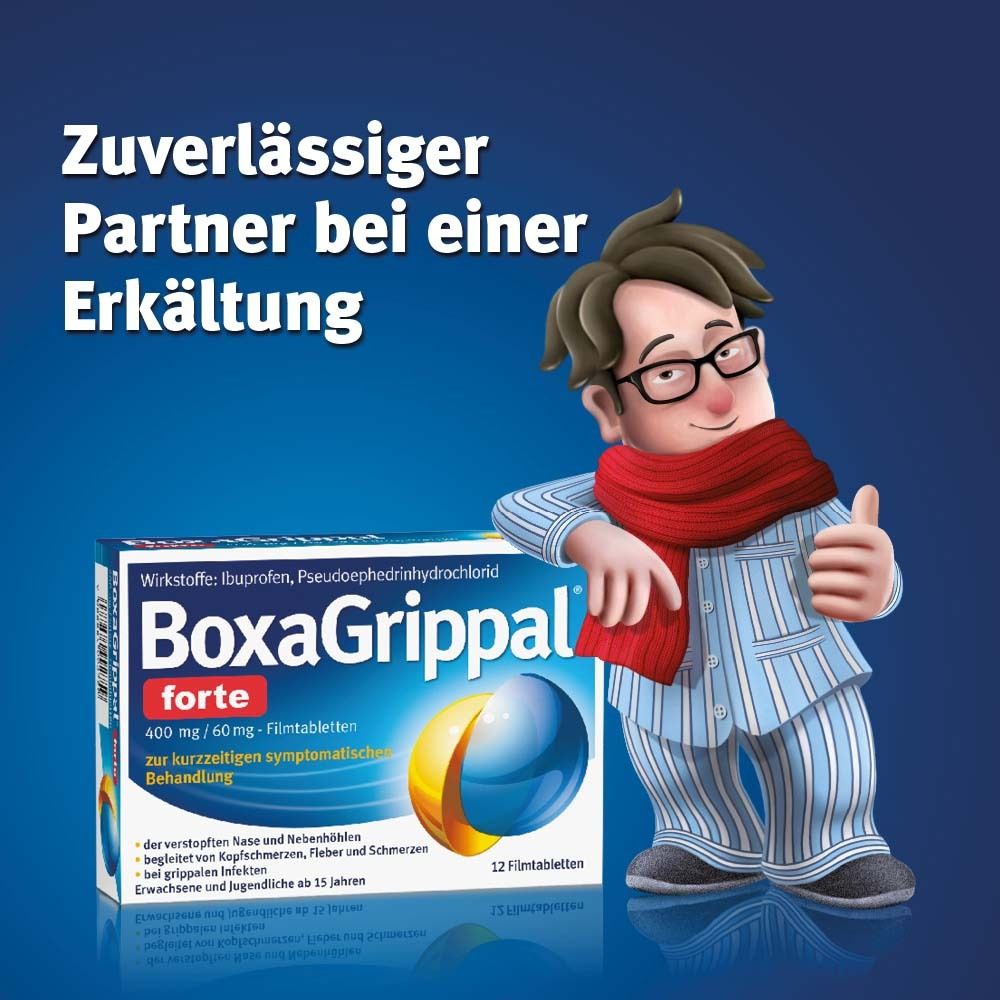 BoxaGrippal® forte Packung neben einer Comicfigur. Text: Zuverlässiger Partner bei einer Erkältung. Enthält 12 Filmtabletten.