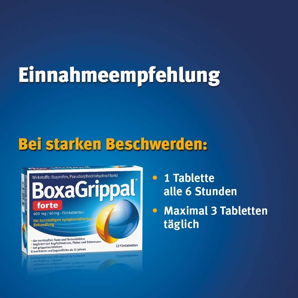 BoxaGrippal® forte Packung. Text: Einnahmeempfehlung. 1 Tablette alle 6 Stunden. Maximal 3 Tabletten täglich.