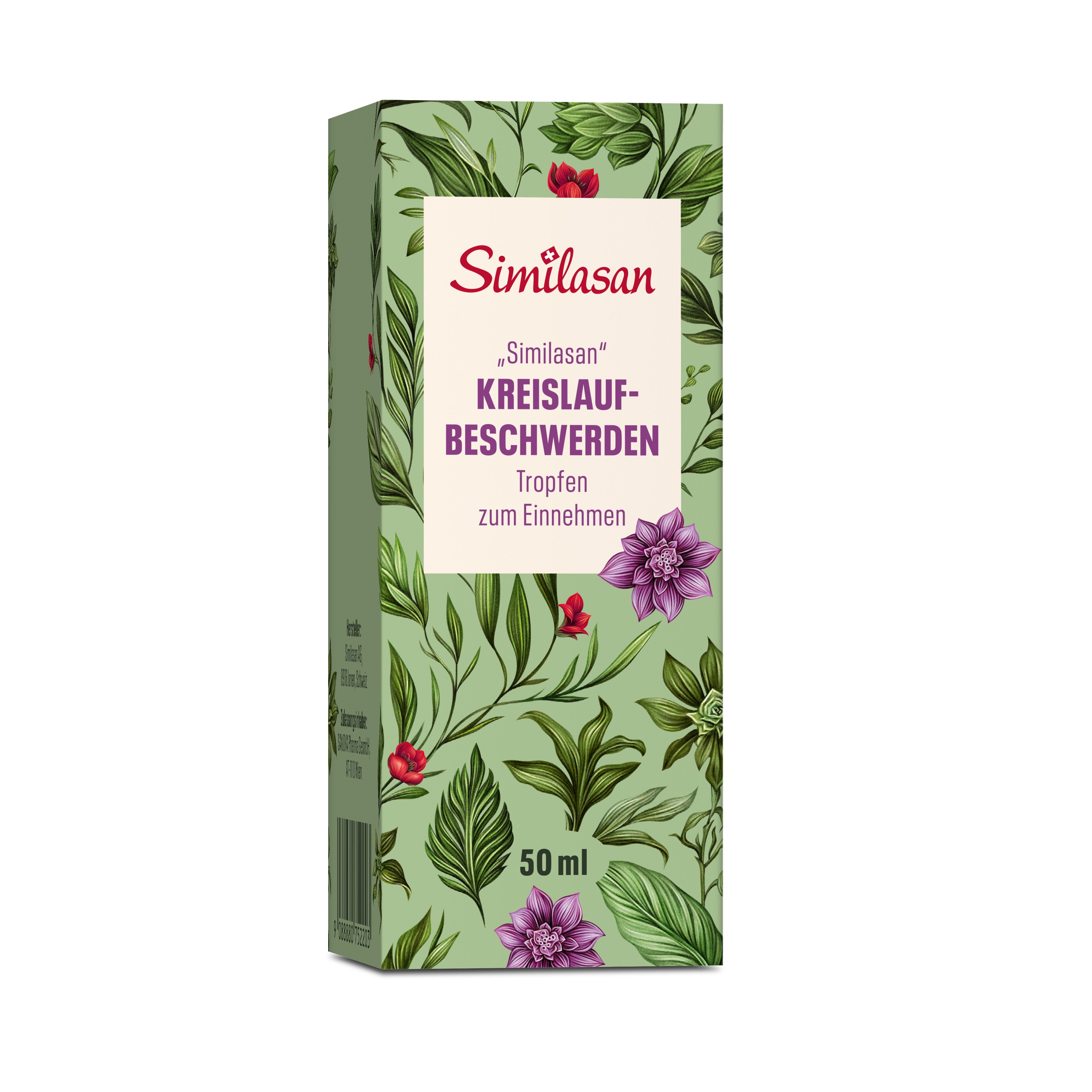 Grüne Schachtel mit floralem Muster. Aufschrift: Similasan, Kreislaufbeschwerden, Tropfen zum Einnehmen. 50 ml.