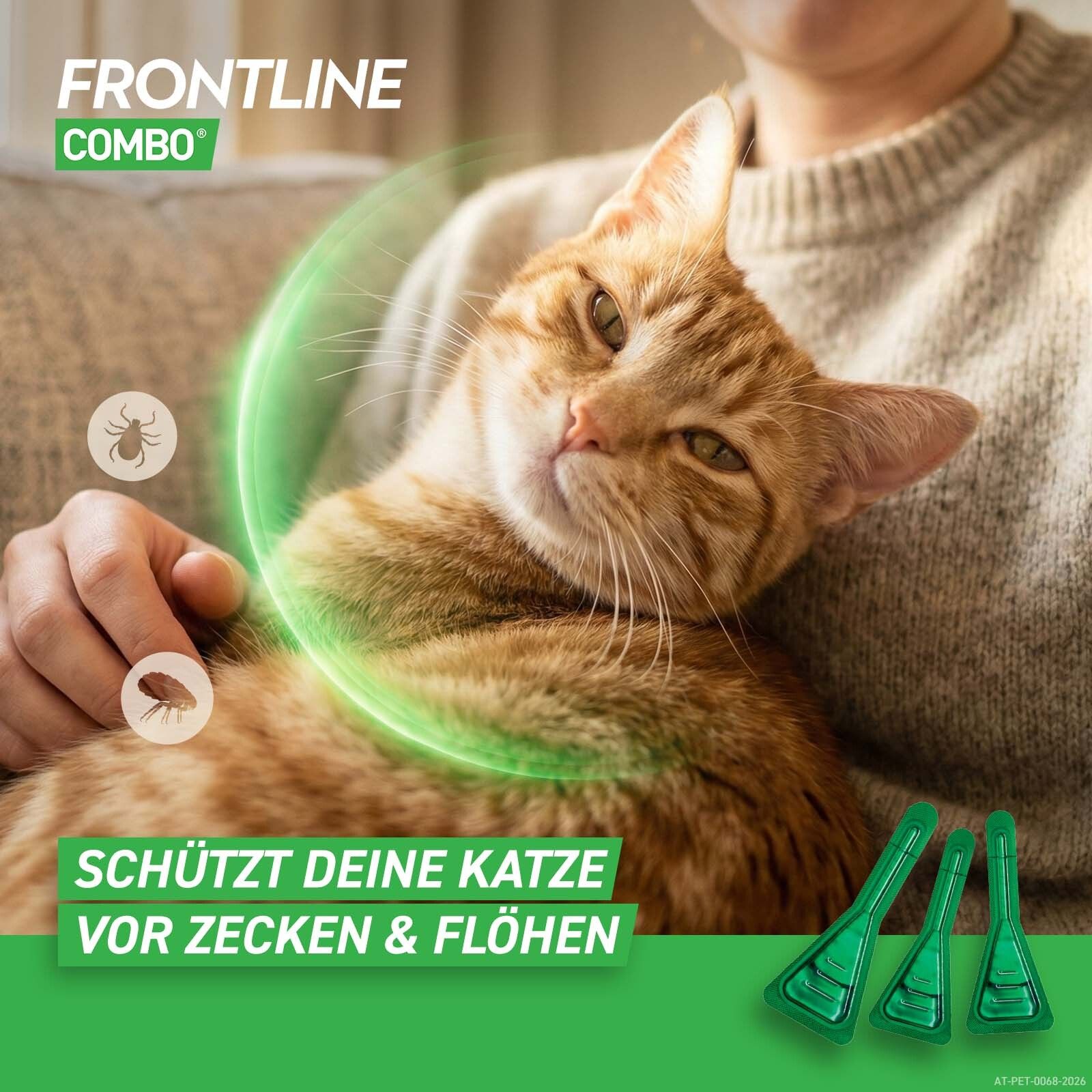 Katze wird von Person gehalten. Grüne Grafik mit Text: Schützt deine Katze vor Zecken & Flöhen. Drei grüne Pipetten.