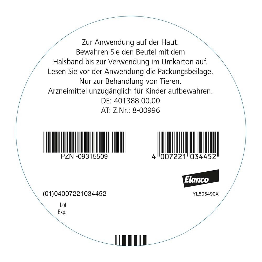 Runde Verpackung mit Text. Barcodes und Logo Elanco. Text: Zur Anwendung auf der Haut. Arzneimittel unzugänglich für Kinder aufbewahren.