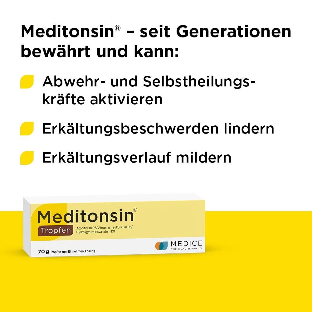 Text: "Meditonsin - seit Generationen bewährt und kann: Abwehr- und Selbstheilungskräfte aktivieren, Erkältungsbeschwerden lindern, Erkältungsverlauf mildern".