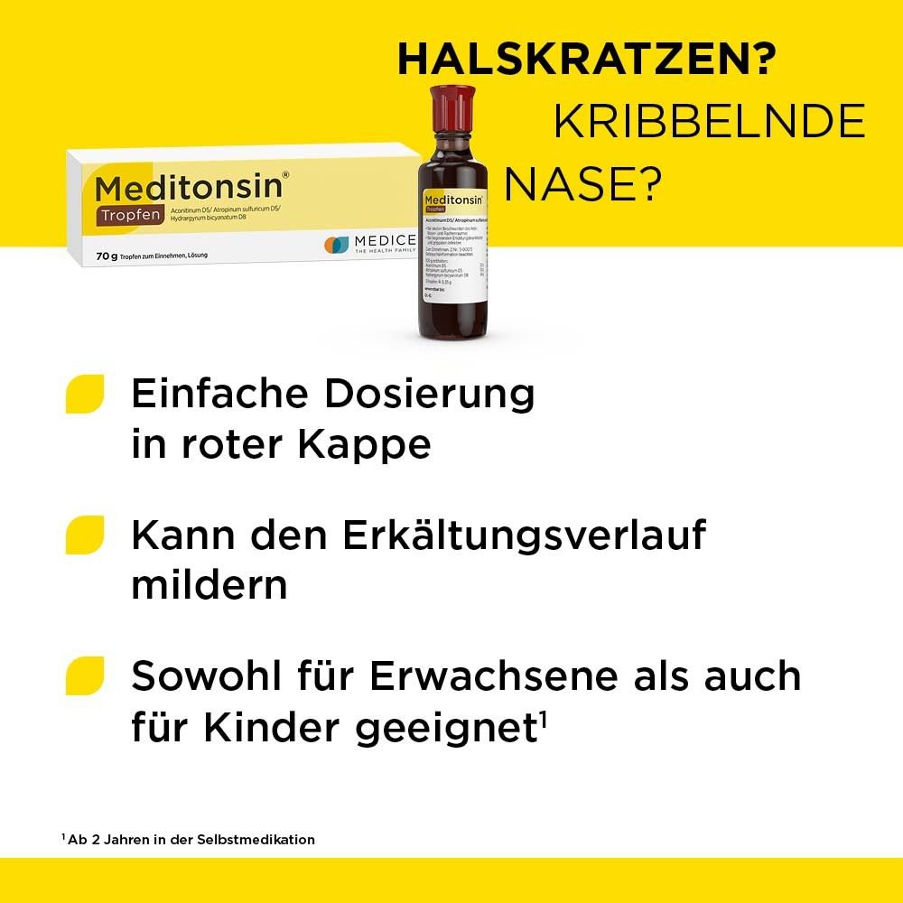 Text: "Halskratzen? Kribbelnde Nase? Einfache Dosierung in roter Kappe, Kann den Erkältungsverlauf mildern, Für Erwachsene und Kinder geeignet".