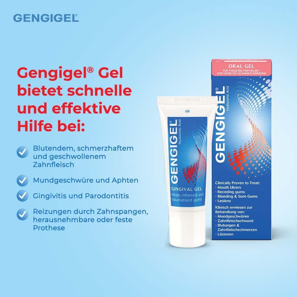 Gengigel® Gel-Tube und Schachtel. Blaue Tube mit roter Grafik. Schachtel mit Text: Gengigel, Oral Gel.