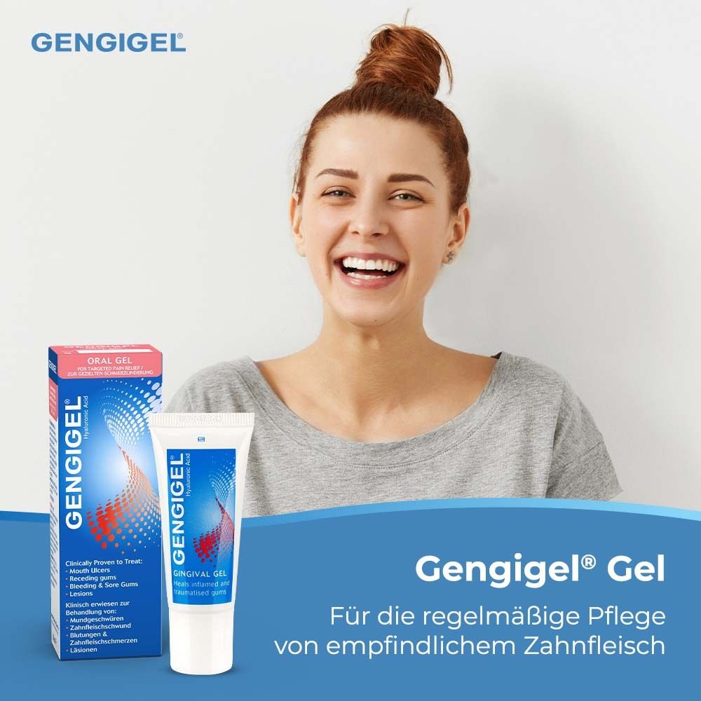 Frau lächelt. Gengigel® Gel-Tube und Schachtel. Blaue Tube mit roter Grafik. Schachtel mit Text: Gengigel, Oral Gel.