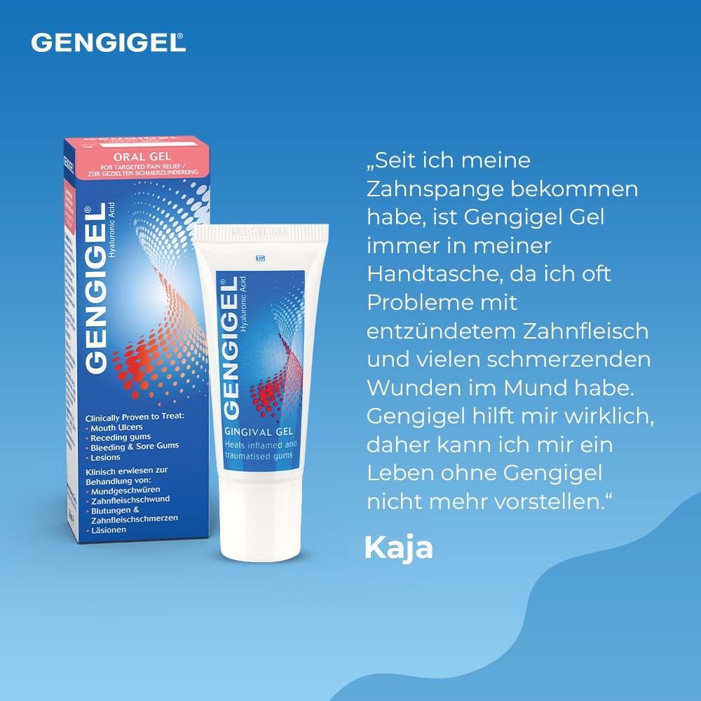 Gengigel® Gel-Tube und Schachtel. Blaue Tube mit roter Grafik. Schachtel mit Text: Gengigel, Oral Gel. Zitat.