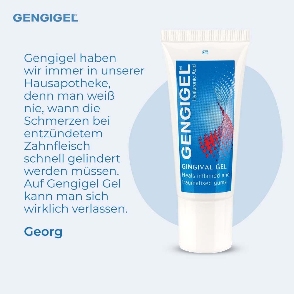 Gengigel® Gel-Tube. Blaue Tube mit roter Grafik. Text: Gengigel, Gingival Gel. Zitat.