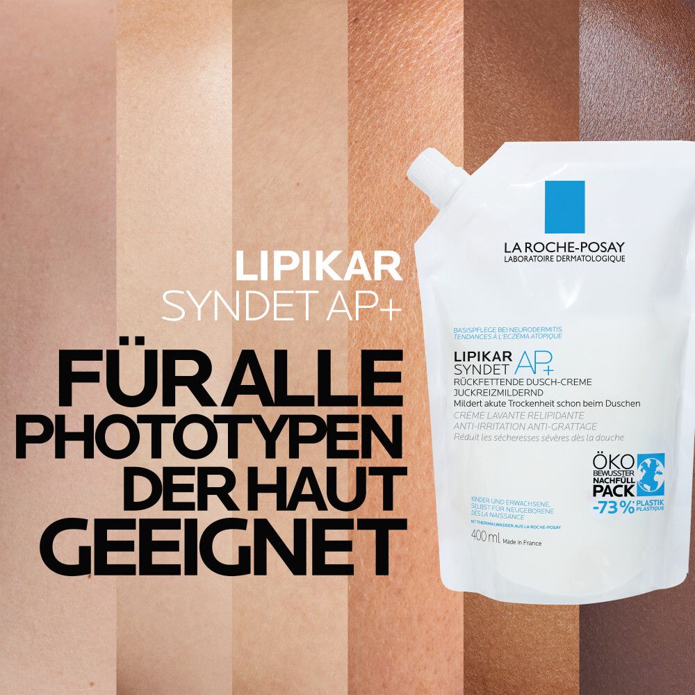La Roche-Posay LIPIKAR SYNDET AP+ Nachfüllpackung. Text: Für alle Hauttypen geeignet. Verschiedene Hautfarben.
