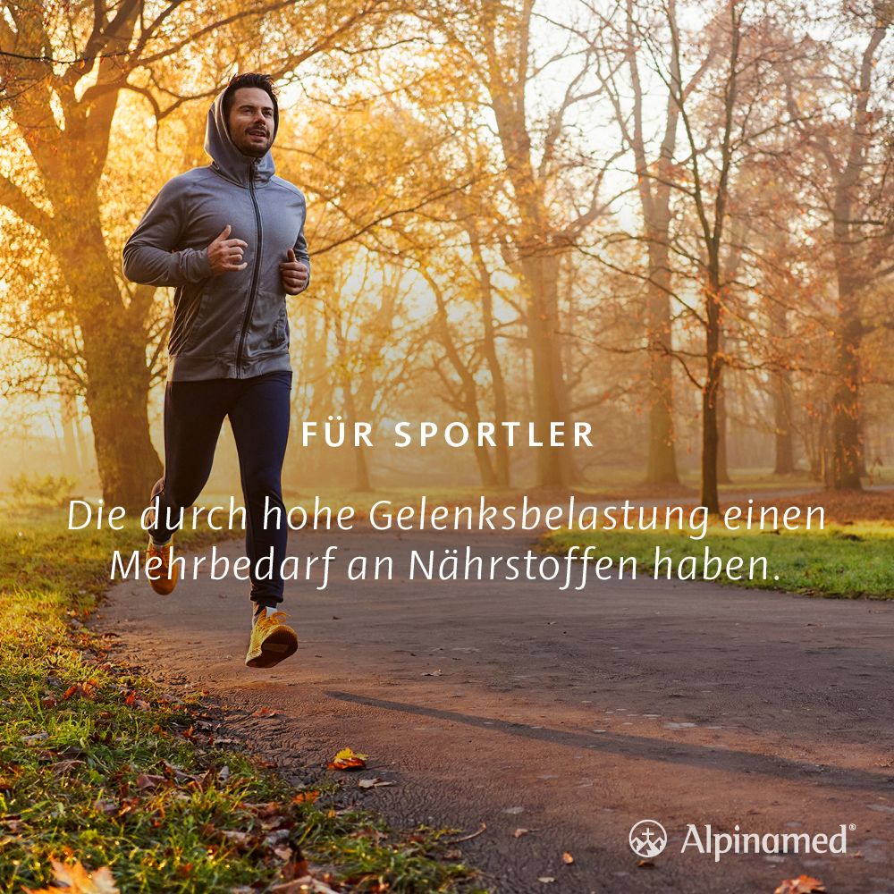 Mann joggt im Park. Text: Für Sportler. Bedarf an Nährstoffen durch hohe Gelenkbelastung.