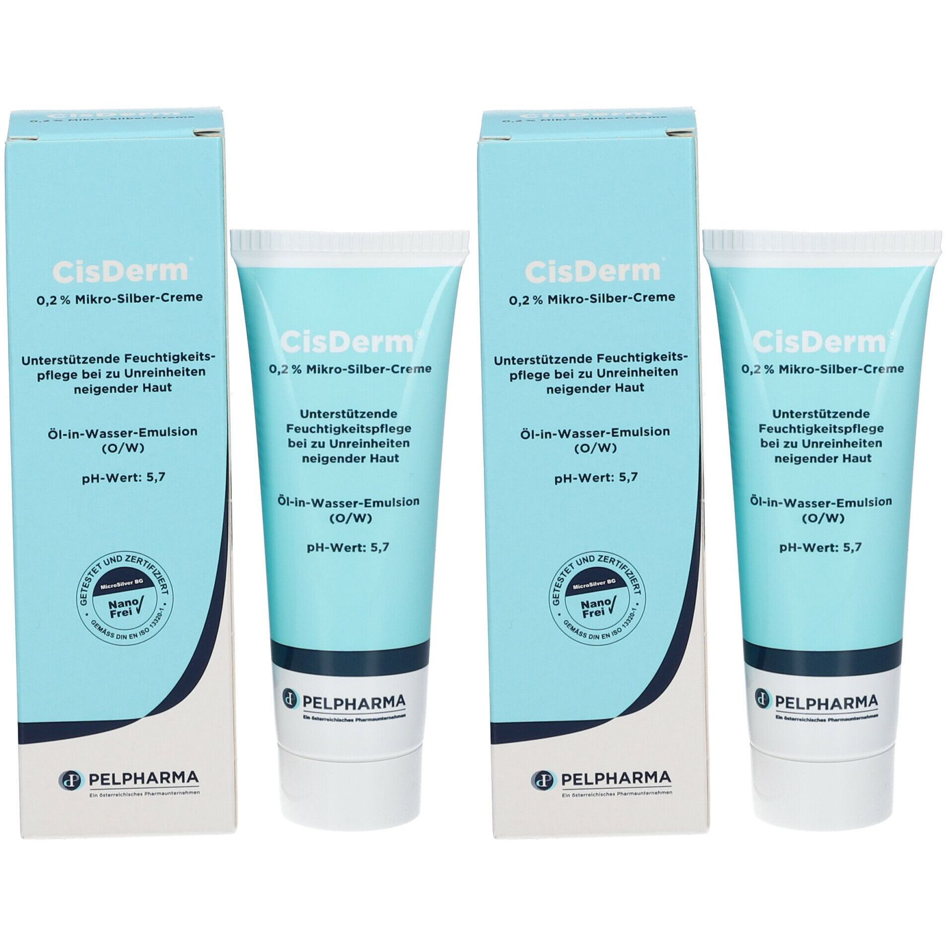 Zwei Tuben und zwei Schachteln CisDerm Creme. Aufschrift: 0,2% Mikro-Silber-Creme, Öl-in-Wasser-Emulsion, pH-Wert 5,7. Marke: PELPHARMA.
