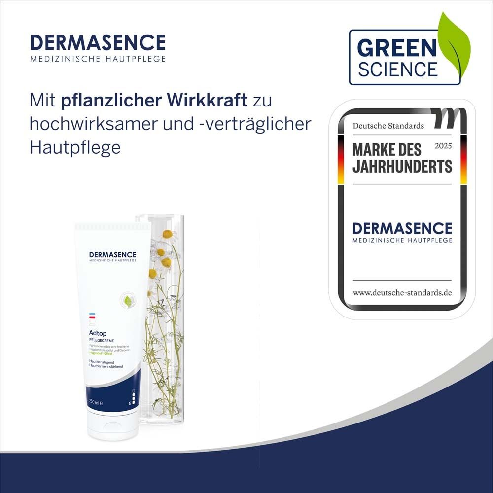 DERMASENCE Adtop Pflegecreme-Tube neben Glasbehälter mit Pflanzen. Logo 'Marke des Jahrhunderts'. Text: Mit pflanzlicher Wirkkraft.