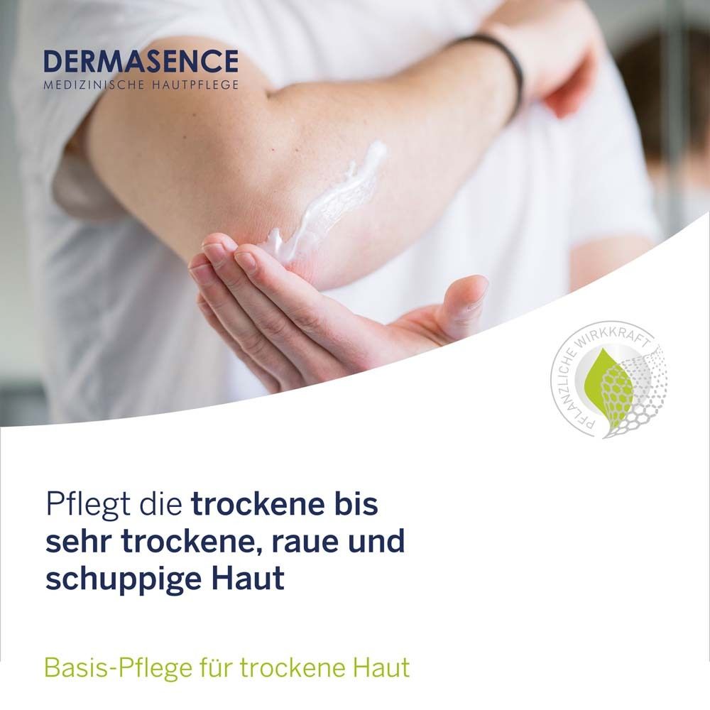 Person trägt DERMASENCE Adtop Pflegecreme auf den Ellenbogen auf. Text: Pflegt die trockene bis sehr trockene, raue und schuppige Haut.