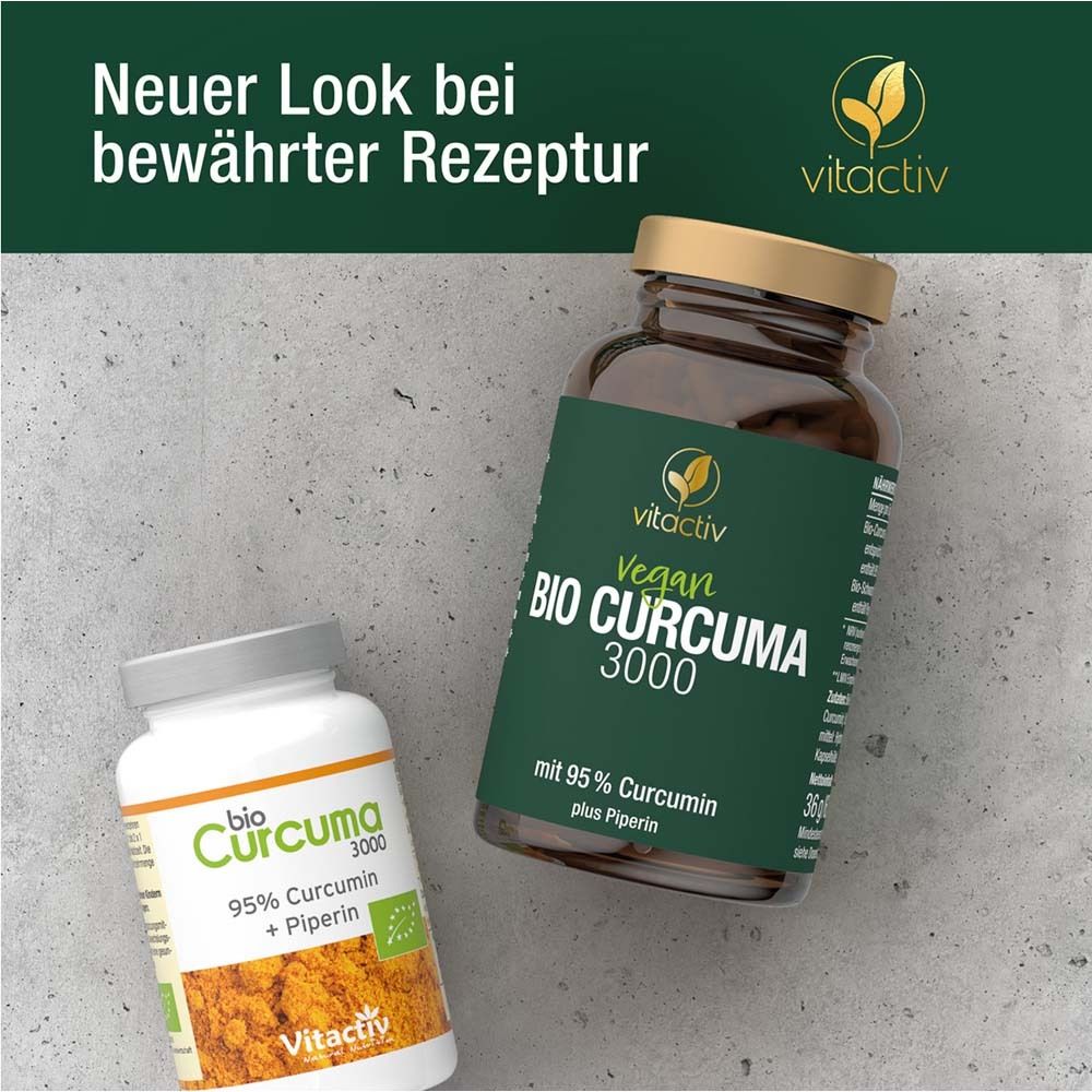 Zwei Flaschen: eine braune und eine weiße. Braune Flasche: Vegan Bio Curcuma 3000. Weiße Flasche: Bio Curcuma 3000, 95% Curcumin + Piperin.