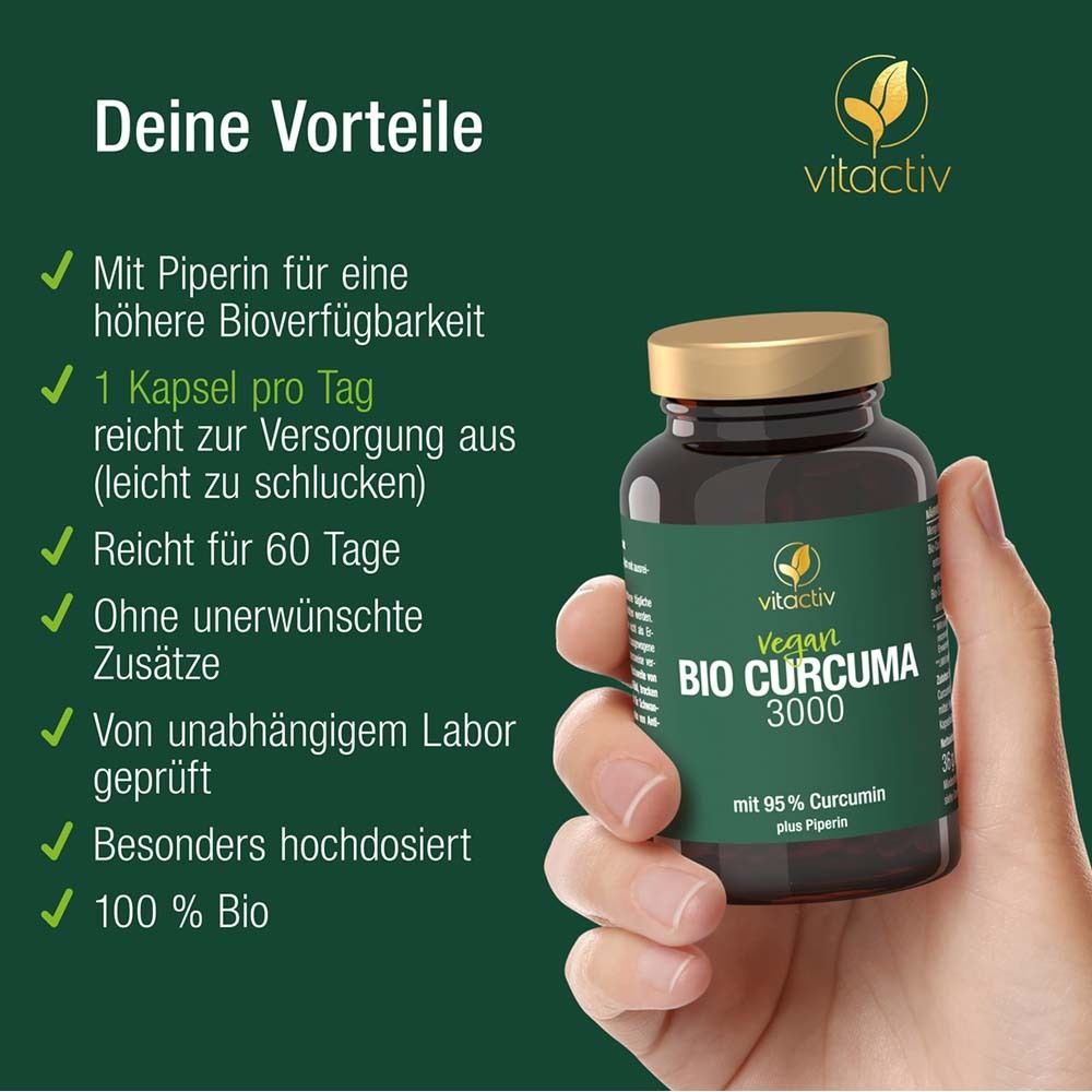 Hand hält braune Flasche mit goldfarbenem Deckel. Grüne Kreise mit Text: Piperin, 1 Kapsel pro Tag, ohne Zusätze, Labor geprüft, hochdosiert, 100% Bio.