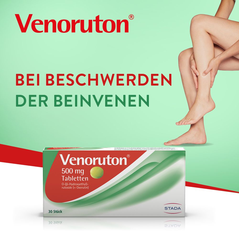 Venoruton® 500 mg Tabletten-Packung. Grün-weißes Design, roter Streifen, gelbes Logo. Text: Bei Beschwerden der Beinvenen.