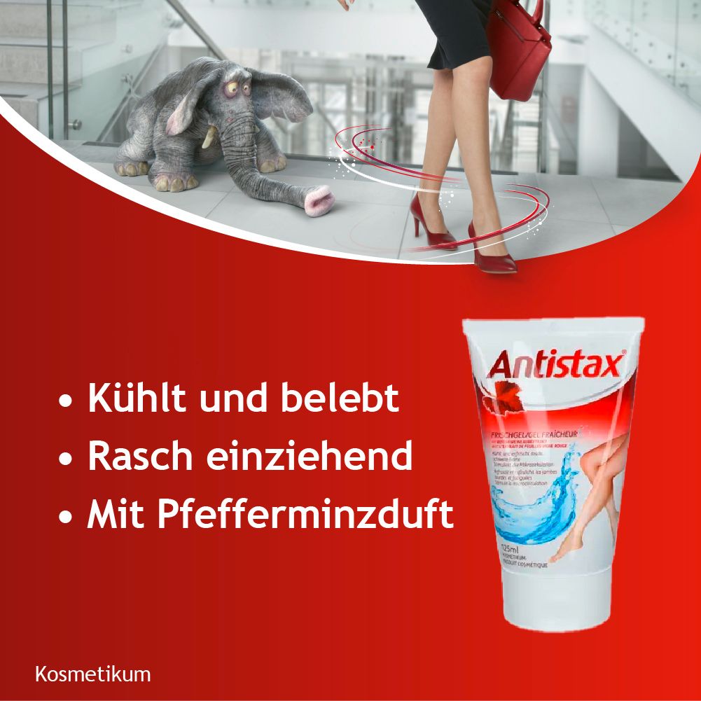 Werbung mit Antistax® Frischgel. Roter Hintergrund, Frau mit roter Tasche und Schuhen. Produkt-Tube.
