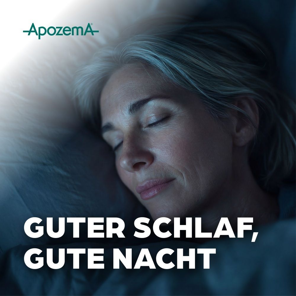 Eine Frau schläft friedlich, mit Text 'Guter Schlaf, gute Nacht'.