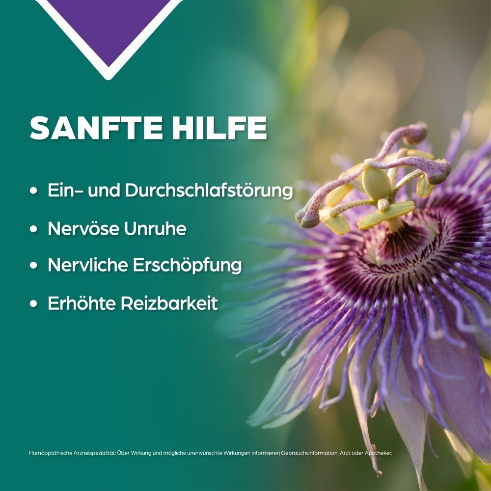 Passionsblume mit Text über sanfte Hilfe bei Schlafstörungen.