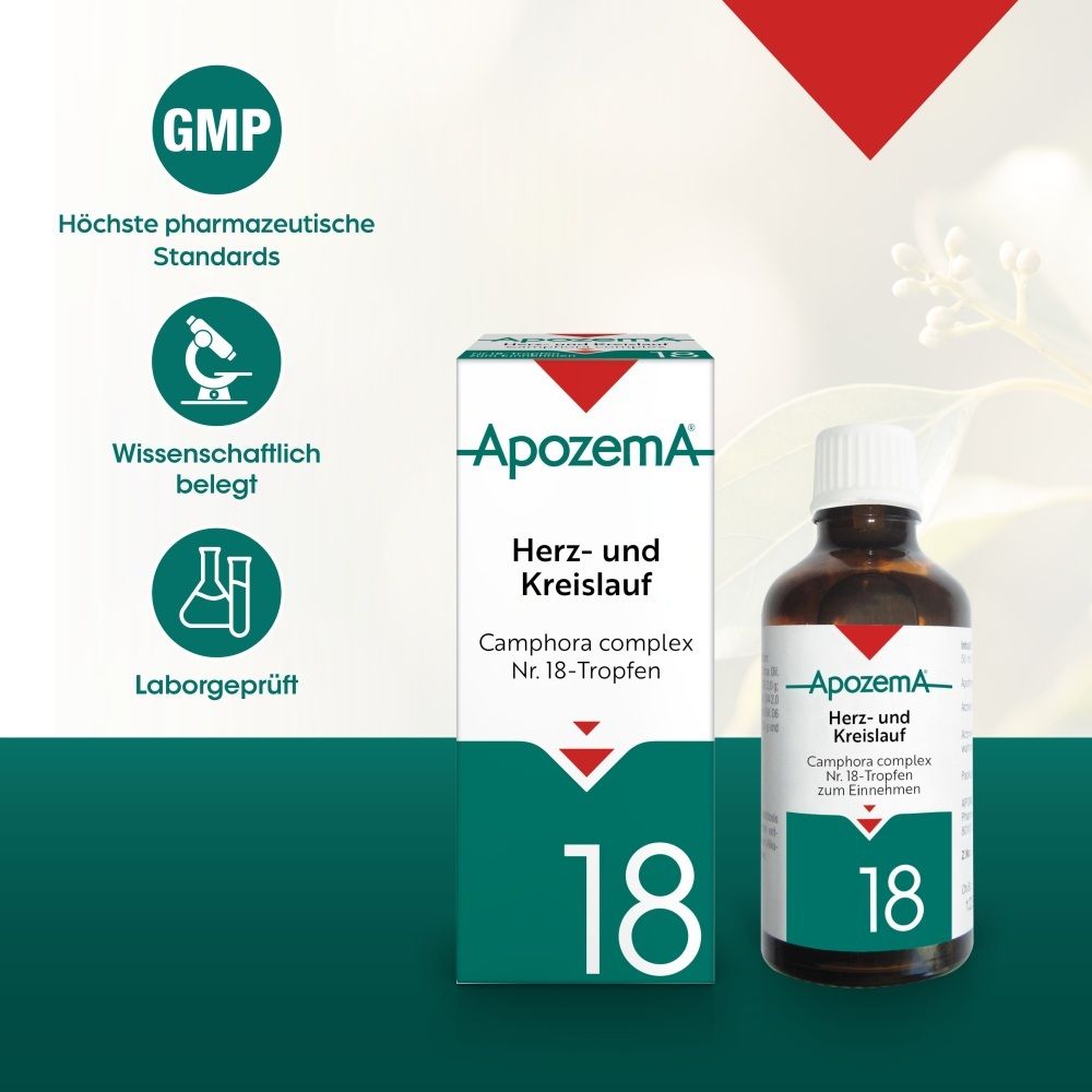 ApozemA Tropfenflasche und Schachtel, mit GMP- und Wissenschaftssiegeln.