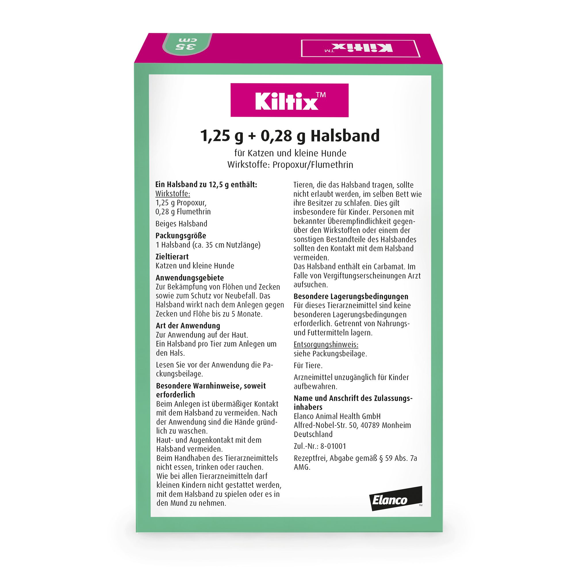 Rückseite der Kiltix®-Verpackung. Enthält Informationen zu Inhaltsstoffen, Anwendung und Warnhinweisen in deutscher Sprache.
