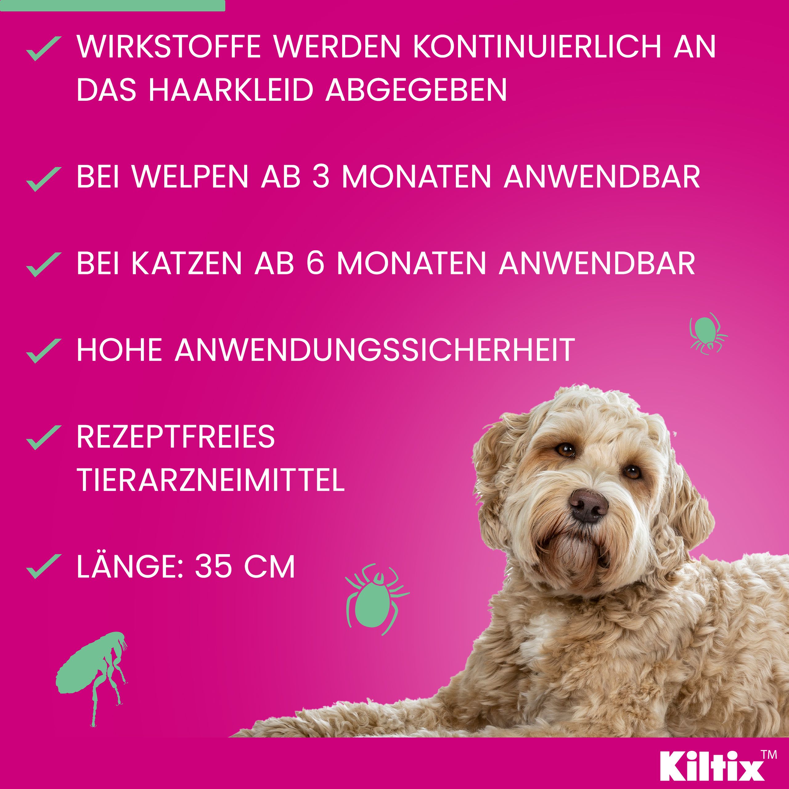 Infografik: Kiltix® Halsband für Katzen und kleine Hunde. Wirkstoffe werden kontinuierlich an das Haarkleid abgegeben.