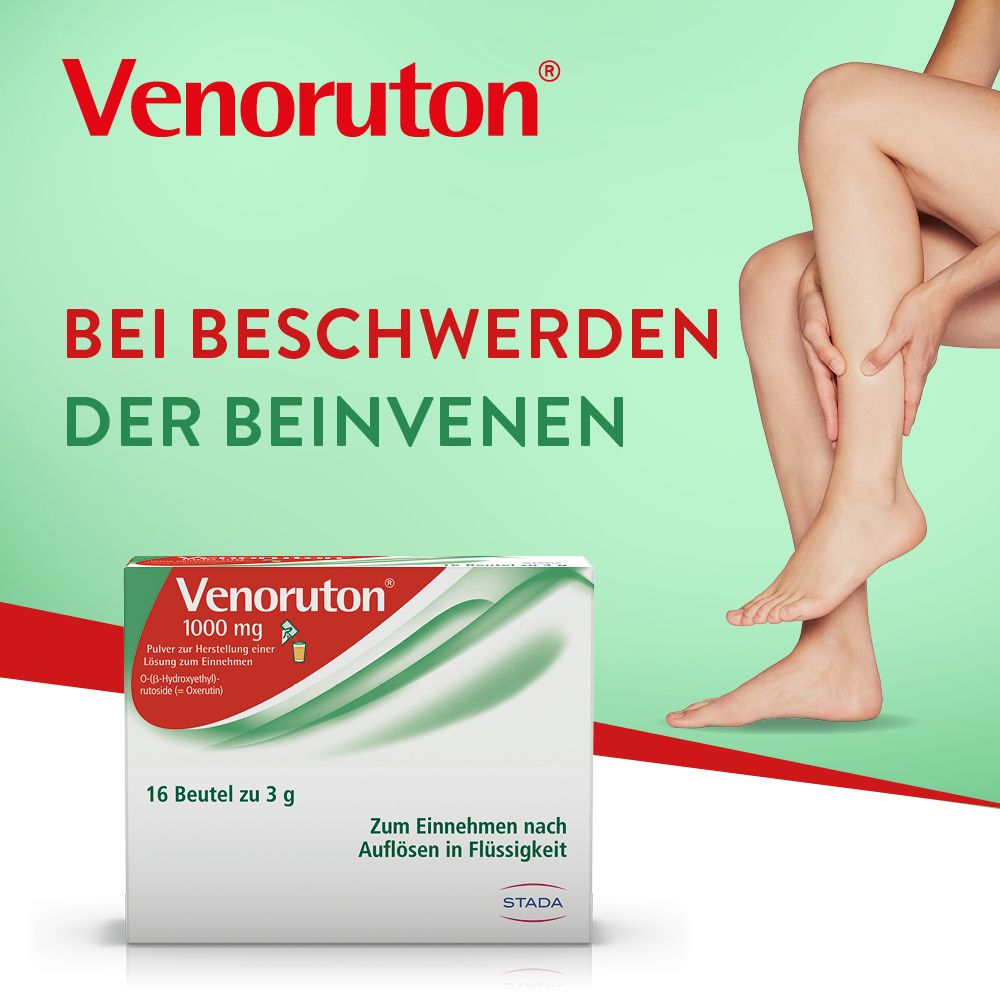 Packung Venoruton® 1000 mg Pulver. Text: Bei Beschwerden der Beinvenen. Frau berührt Bein.