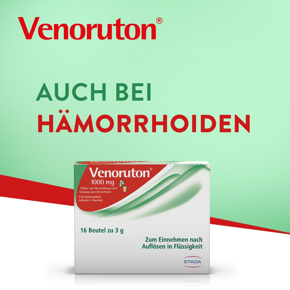 Venoruton® 1000 mg Packung. Text: Auch bei Hämorrhoiden. 16 Beutel zu 3 g. Zum Einnehmen nach Auflösen in Flüssigkeit.
