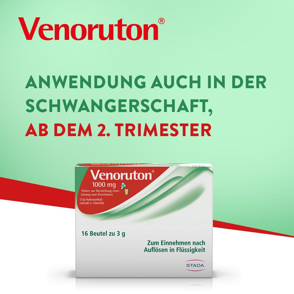 Packung Venoruton® 1000 mg Pulver. Text: Anwendung auch in der Schwangerschaft, ab dem 2. Trimester.