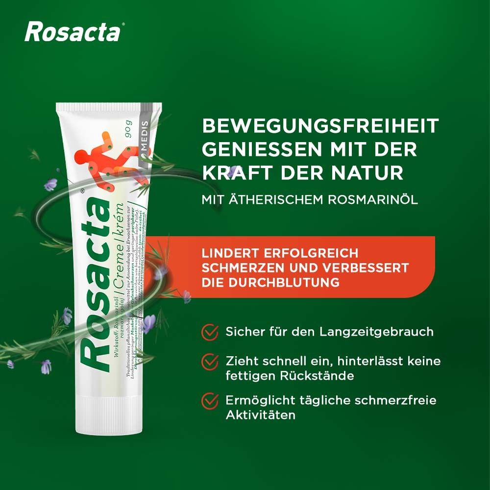 Rosacta® Creme Tube. Text: Bewegungsfreiheit genießen mit der Kraft der Natur. Mit ätherischem Rosmarinöl.