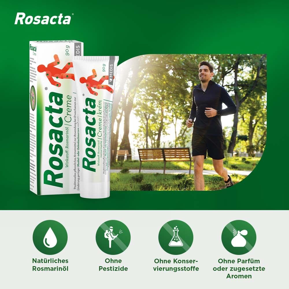Rosacta® Creme Tube und Verpackung. Text: Natürliches Rosmarinöl, ohne Pestizide, ohne Konservierungsstoffe, ohne Parfum.