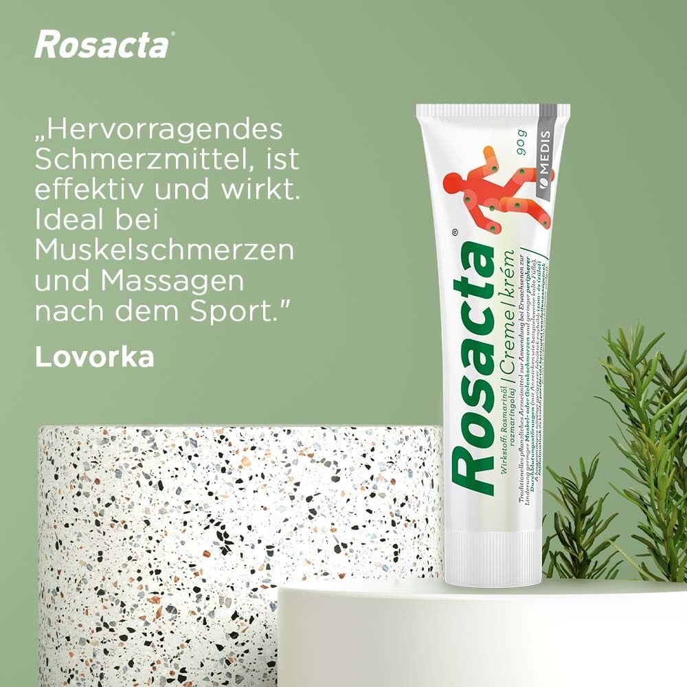 Rosacta® Creme Tube. Zitat: Hervorragendes Schmerzmittel, ist effektiv und wirkt. Ideal bei Muskelschmerzen und Massagen.