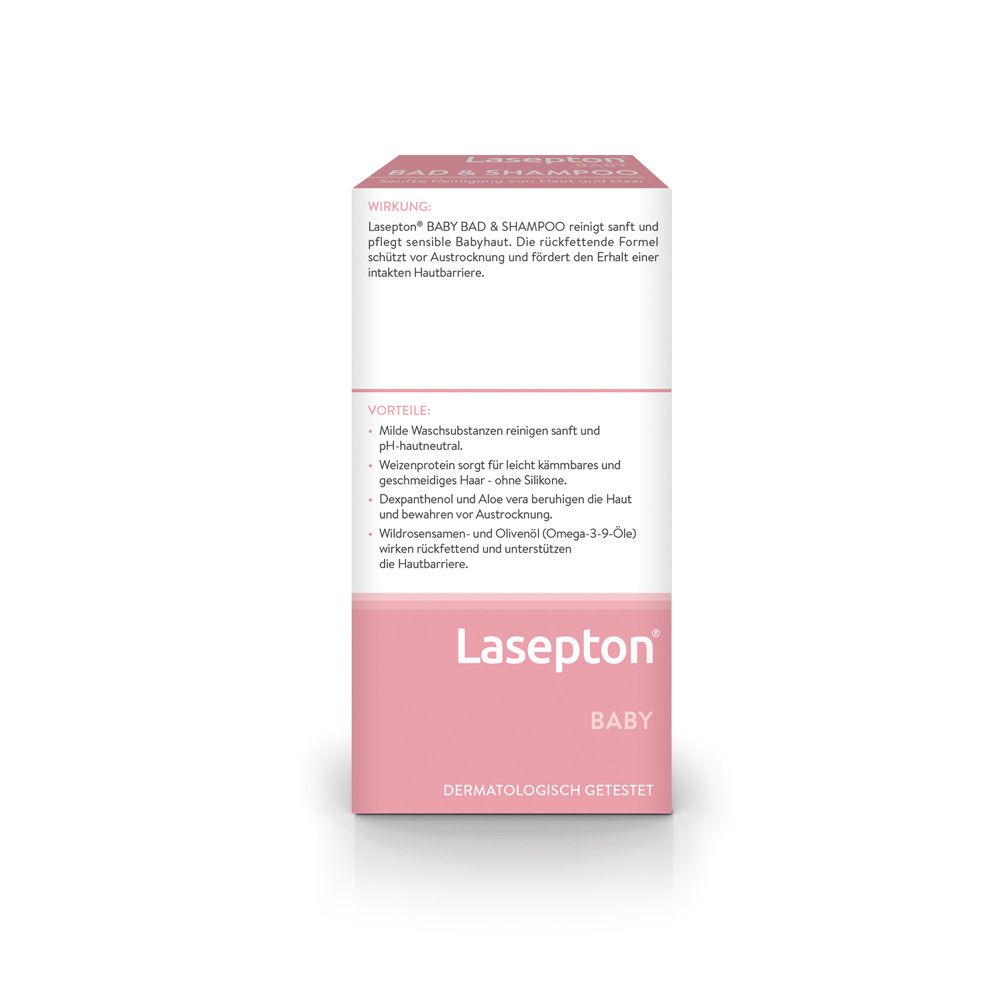 Rückseite der Lasepton Baby Bad & Shampoo Packung mit Produktinformationen.