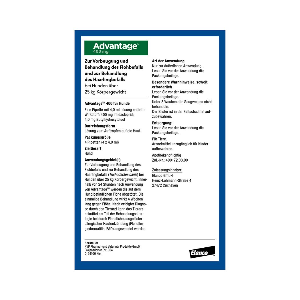 advantage® 400 mg bei Hunden über 25 kg Körpergewicht