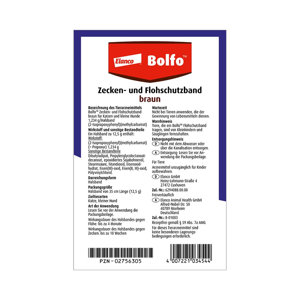 Rückseite der Bolfo Zecken- und Flohschutzband Verpackung. Textinformationen in deutscher Sprache, Produktname und Logo.