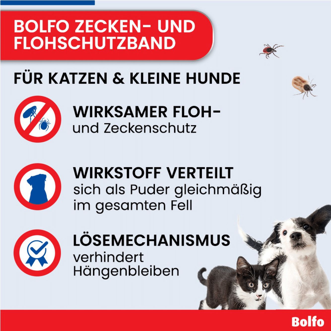Infografik: Bolfo Zecken- und Flohschutzband. Vorteile: Floh- und Zeckenschutz, Wirkstoffverteilung, Lösemechanismus.