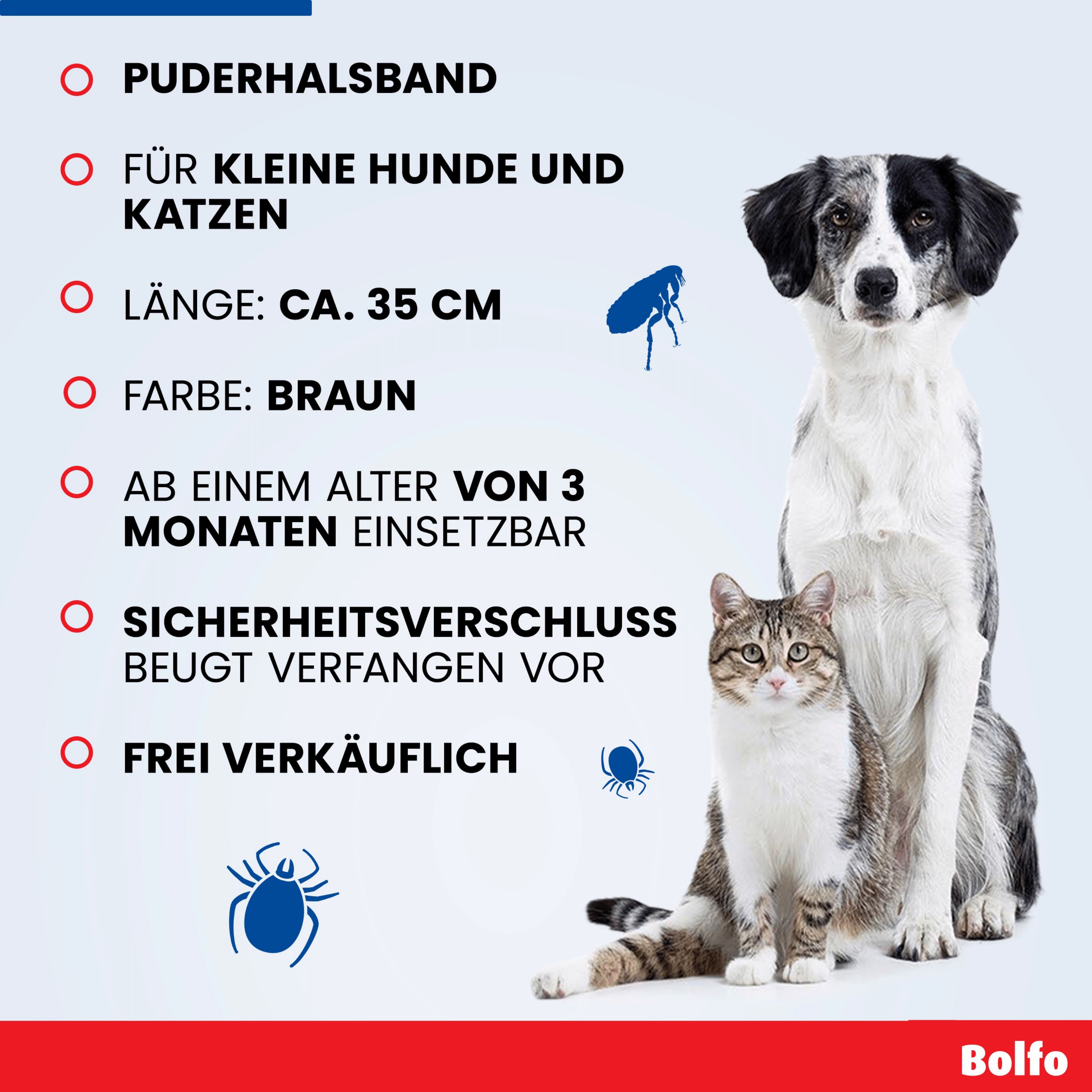 Infografik: Bolfo Zecken- und Flohschutzband. Merkmale: Puderhalsband, für Hunde und Katzen, ca. 35 cm, braun, ab 3 Monaten.
