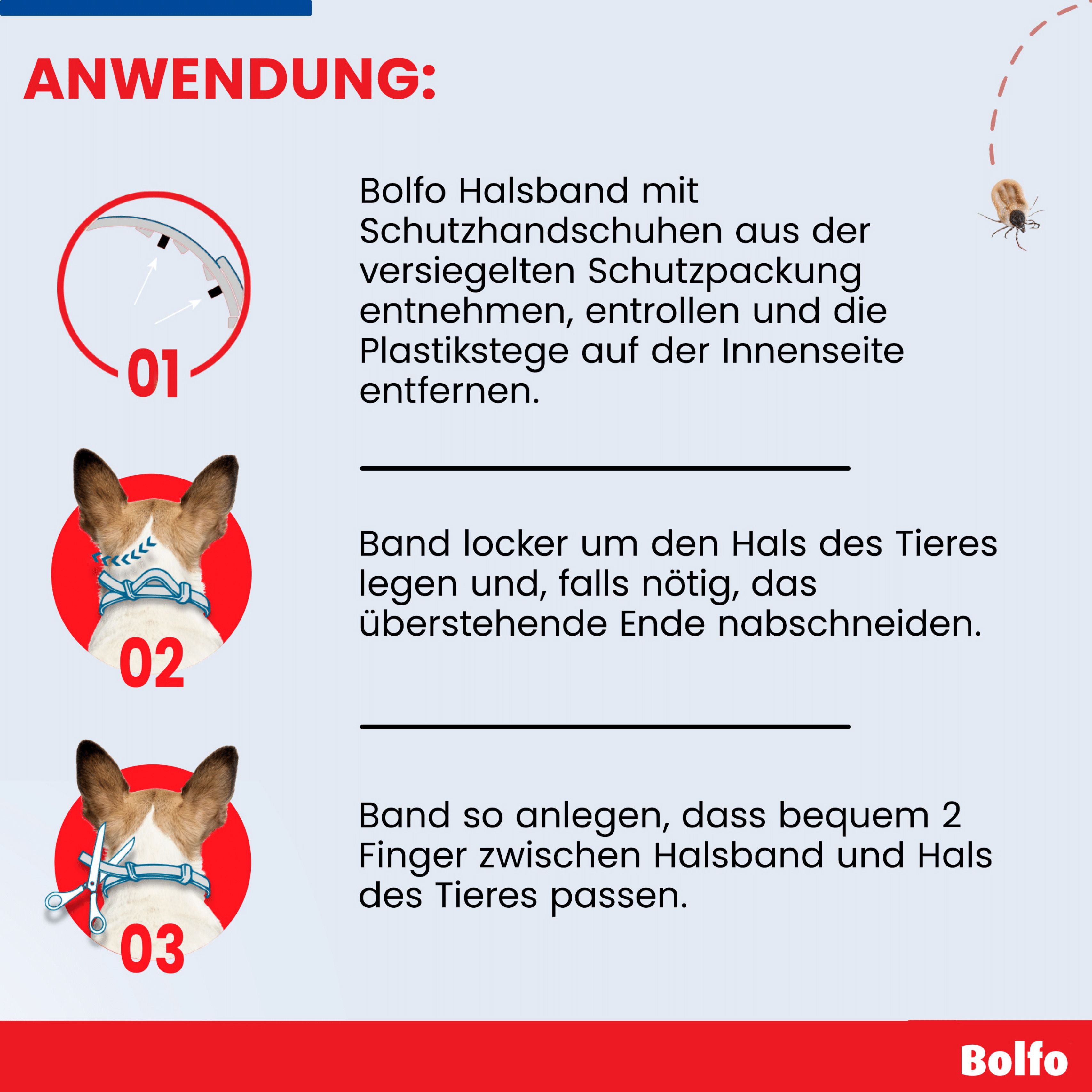 Anleitung zur Anwendung des Bolfo Halsbands. Drei Schritte mit Illustrationen: Öffnen, Anlegen, Anpassen.