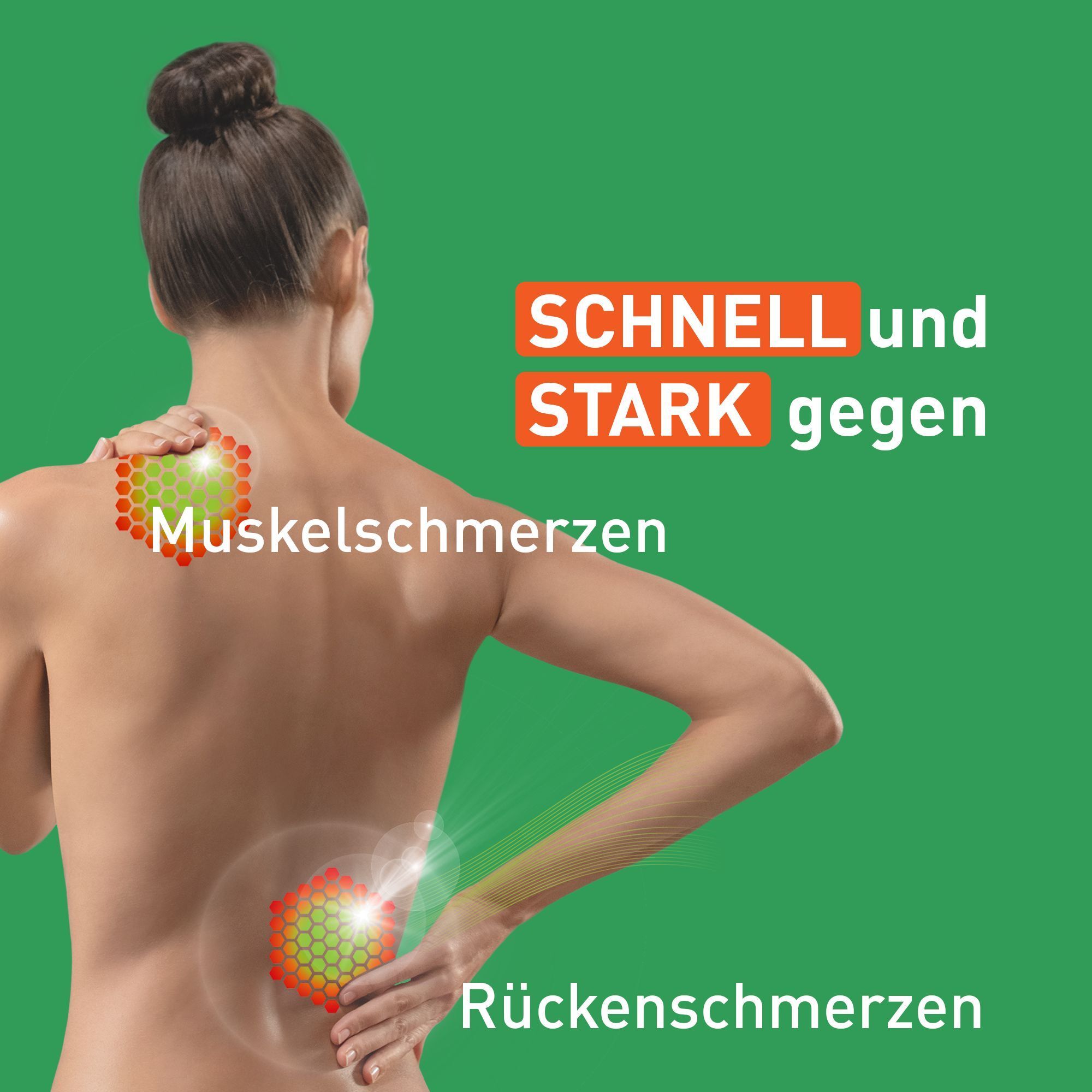 Rückansicht einer Person mit Schmerzpunkten. Text: Schnell und stark gegen Muskel- und Rückenschmerzen.