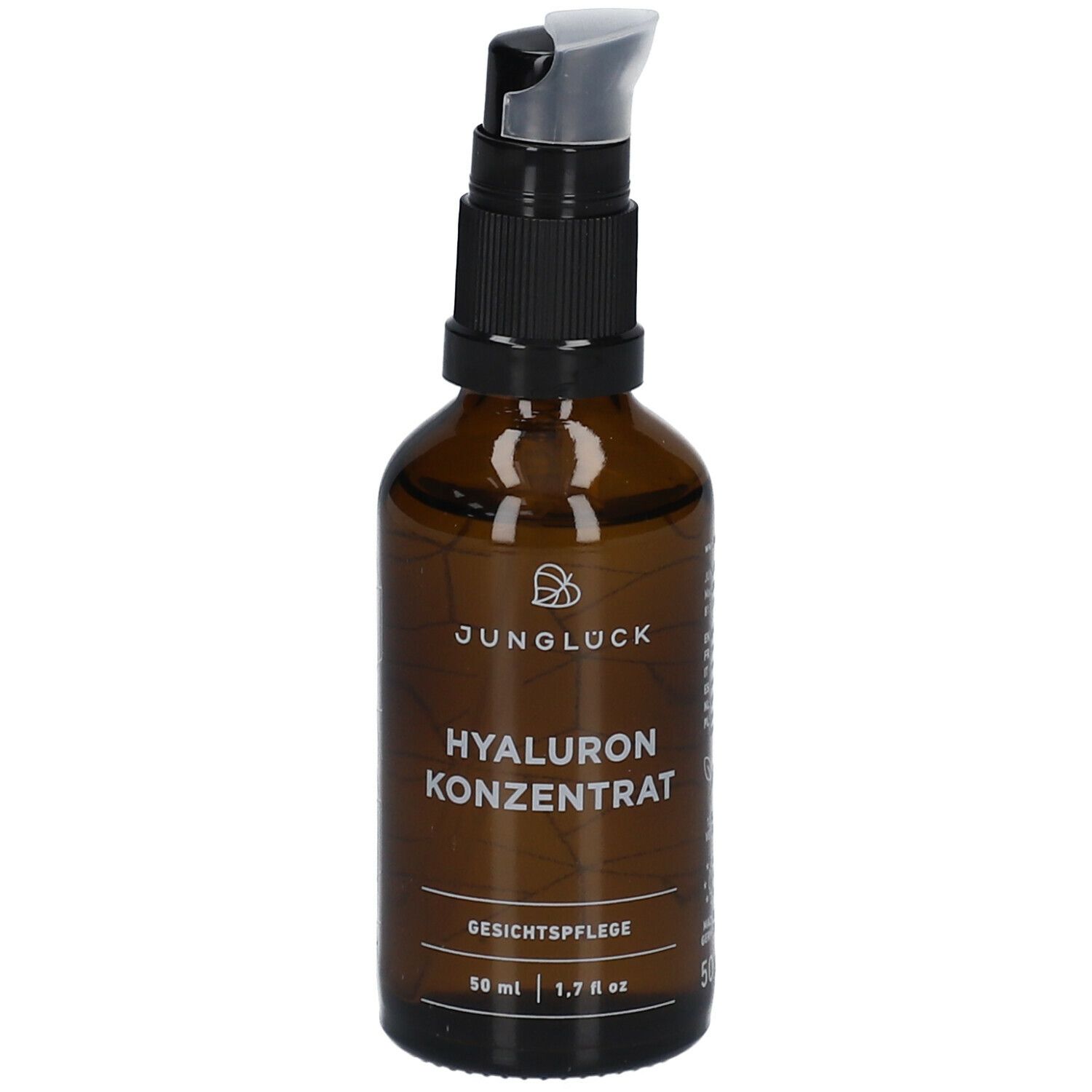 Braune Glasflasche mit schwarzem Pumpkopf. Beschriftung: JUNGLÜCK Hyaluron Konzentrat, Gesichtspflege. 50 ml.