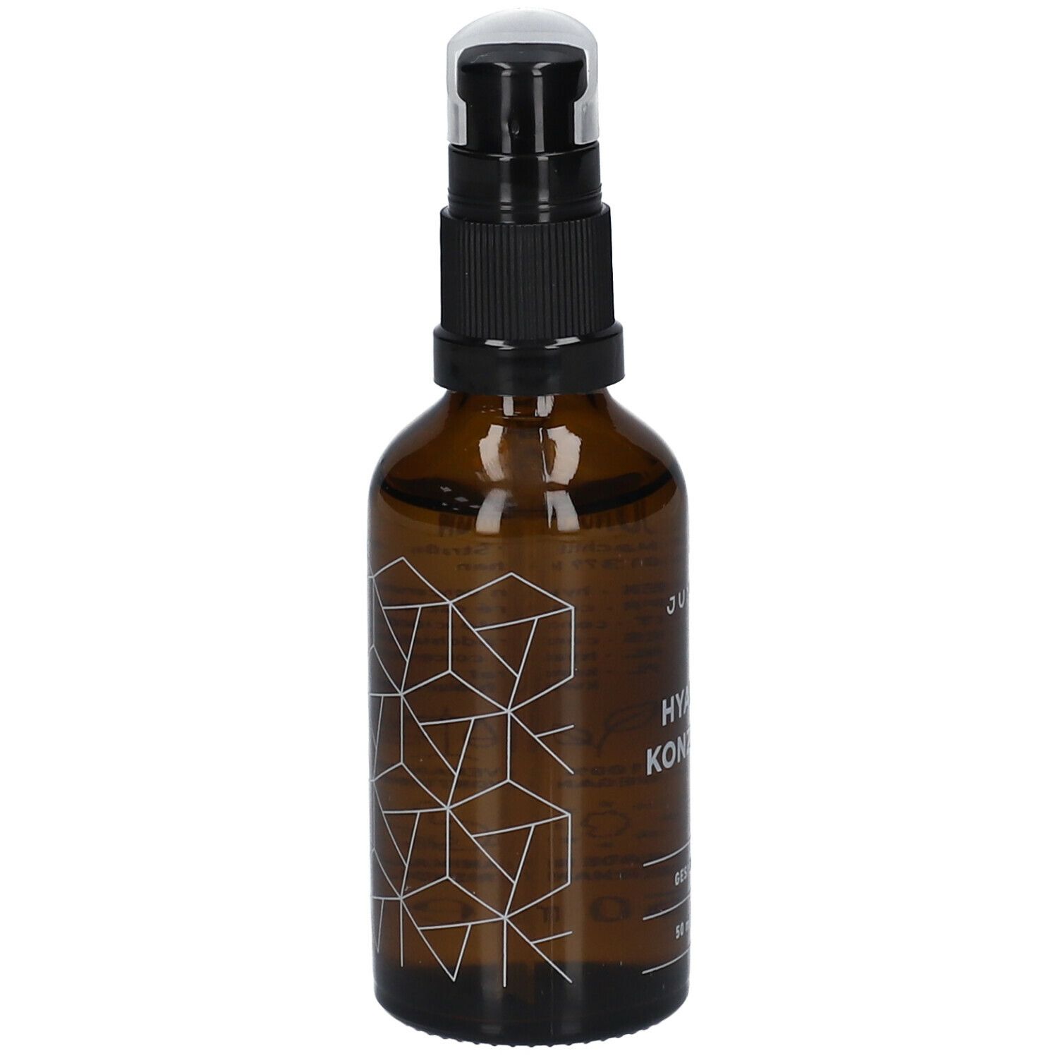 Braune Glasflasche mit schwarzem Pumpkopf. Geometrisches Muster. Beschriftung: JUNGLÜCK Hyaluron Konzentrat.