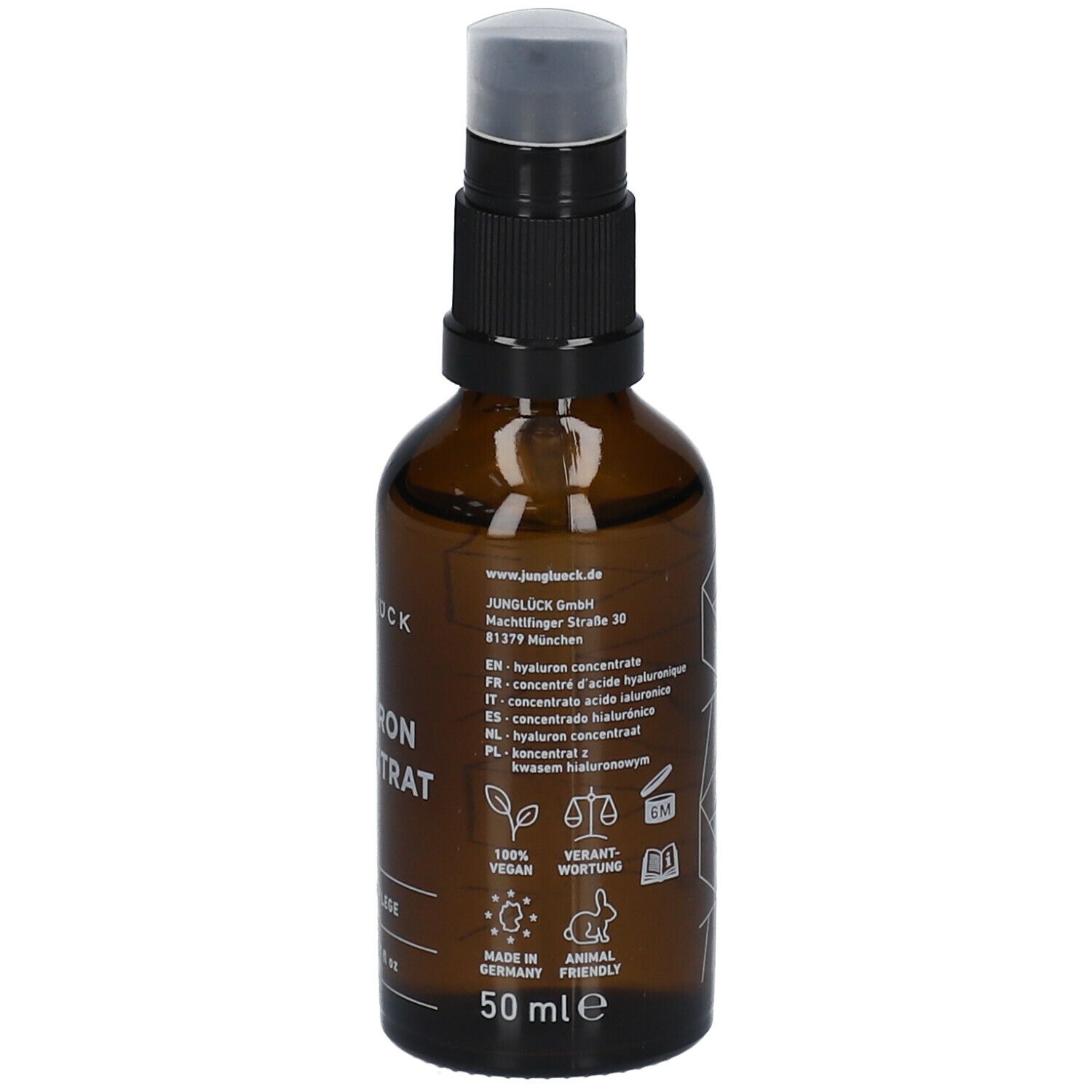 Braune Glasflasche mit schwarzem Pumpkopf. Beschriftung: JUNGLÜCK, Hyaluron Konzentrat. Text in mehreren Sprachen. 50 ml.