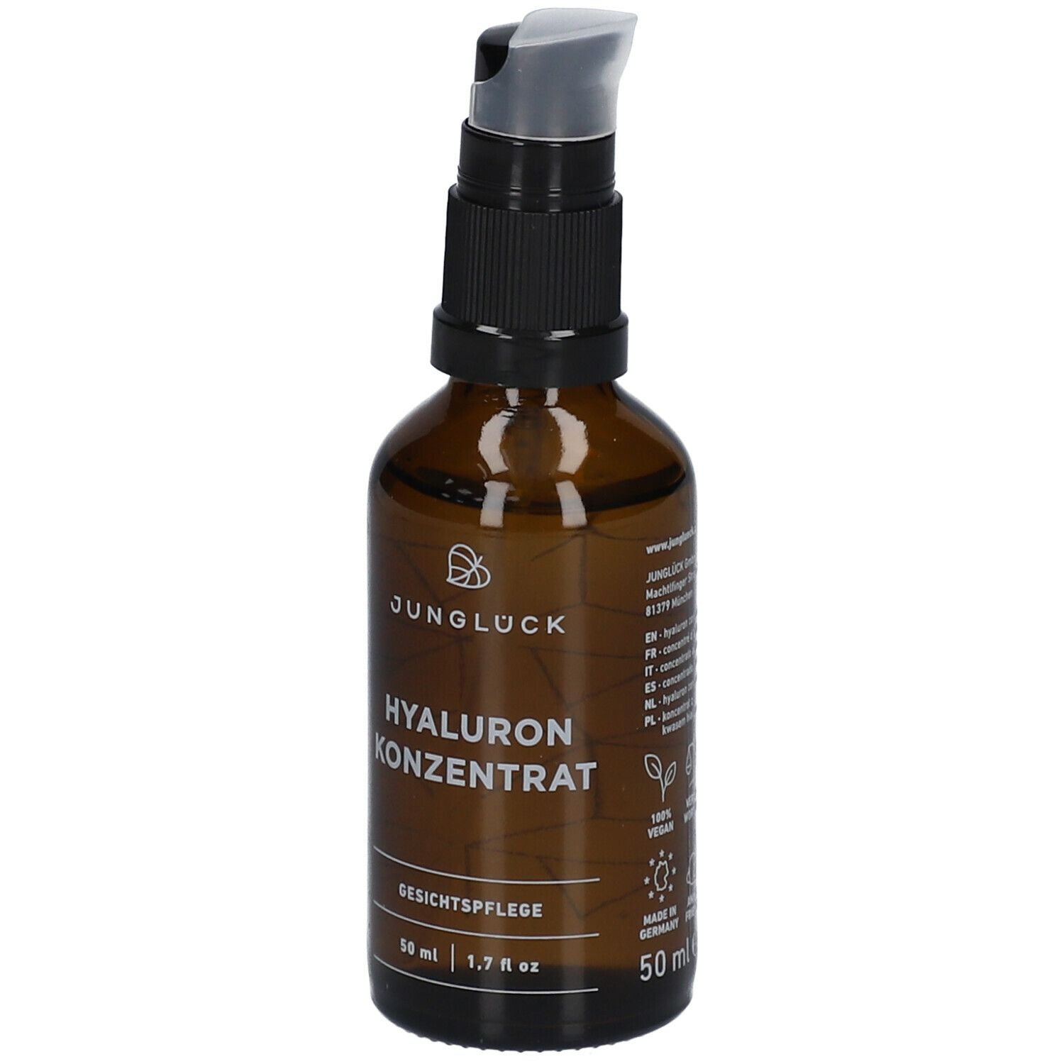 Braune Glasflasche mit schwarzem Pumpkopf. Beschriftung: JUNGLÜCK Hyaluron Konzentrat, Gesichtspflege. 50 ml.