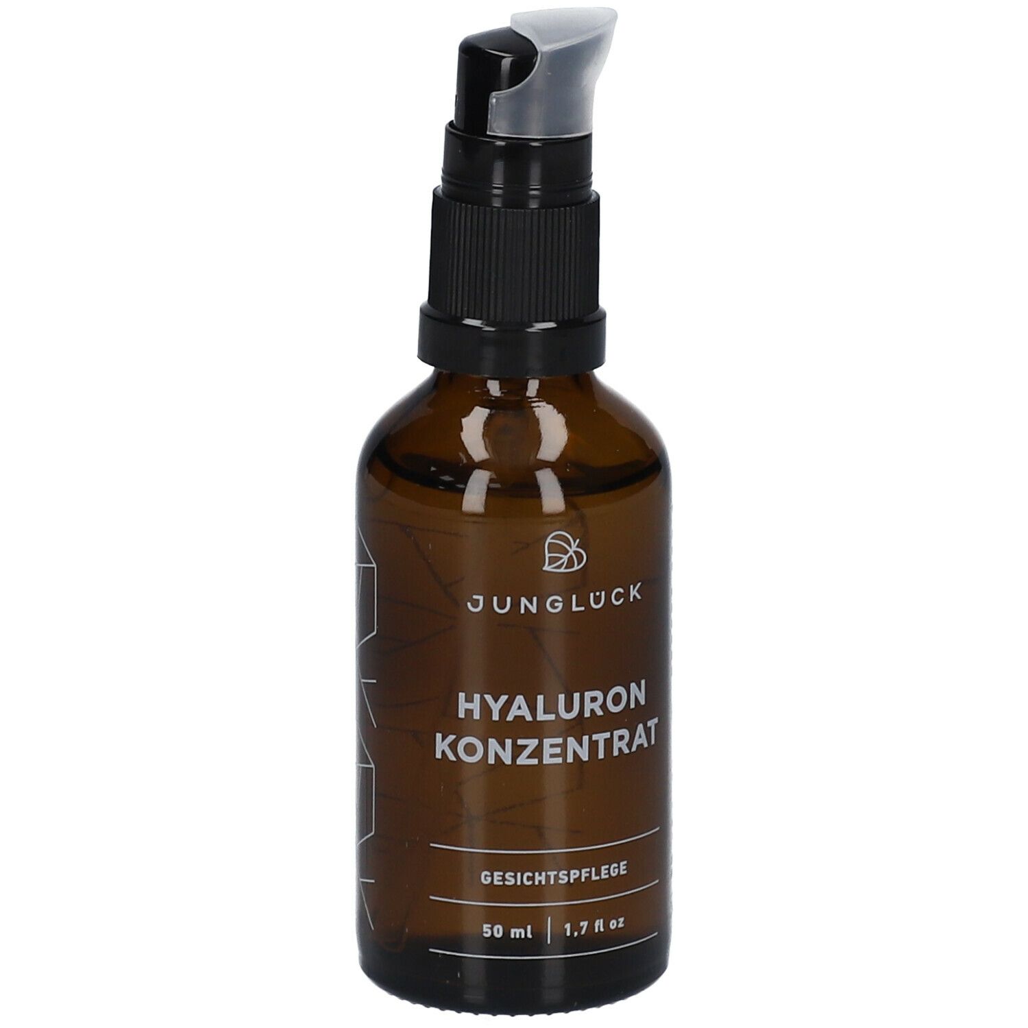 Braune Glasflasche mit schwarzem Pumpkopf. Beschriftung: JUNGLÜCK Hyaluron Konzentrat, Gesichtspflege. 50 ml.