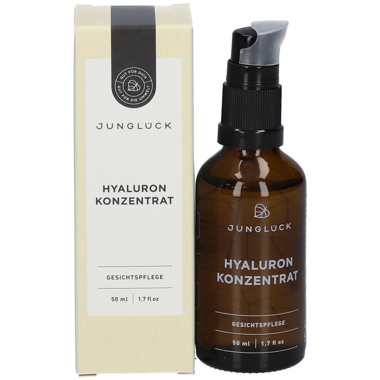 Braune Glasflasche mit schwarzem Pumpkopf und Karton. Beschriftung: JUNGLÜCK Hyaluron Konzentrat, Gesichtspflege. 50 ml.