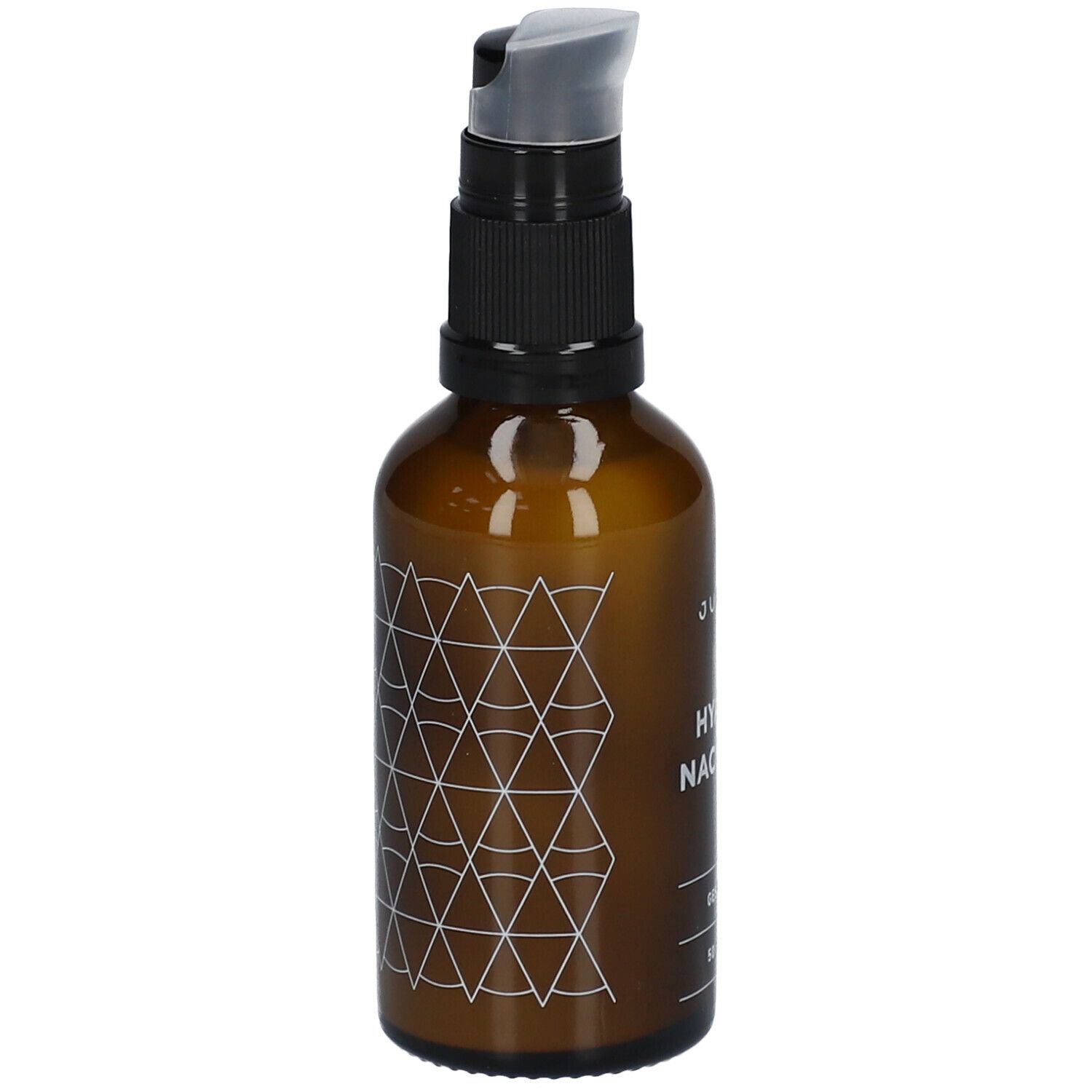 Braune Glasflasche mit schwarzem Pumpkopf. Auf der Flasche ein weißes geometrisches Muster. JUNGLÜCK, Hyaluron Nachtcreme.